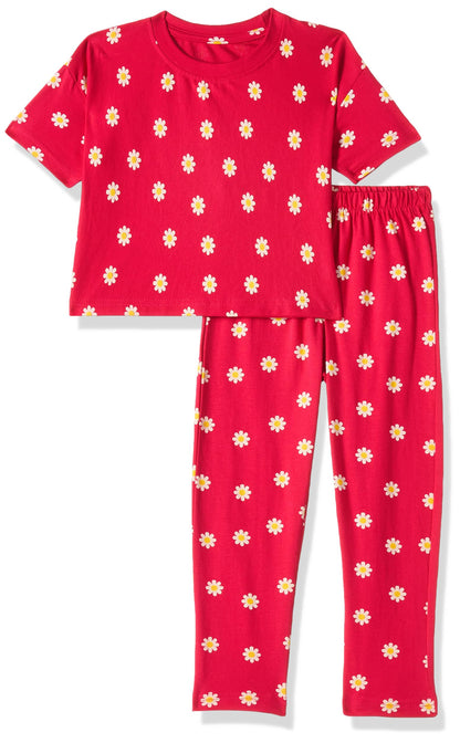T2F Girls Cotton Printed Oversized Fit Crop Top and Pant Pajama Set