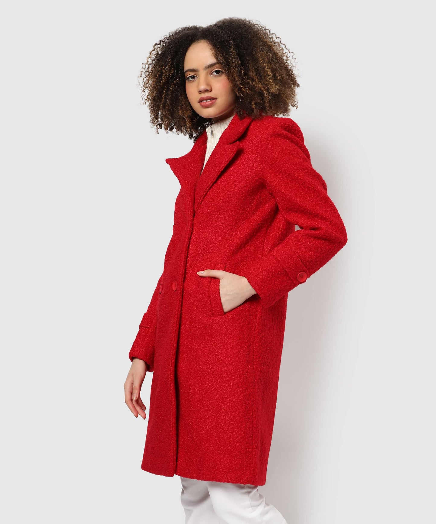 Campus Sutra Womens Red Regular Fit Long Coat For Winter Wear | Collar Neck | Full Sleeve | Buttoned | Casual Jacket For Woman