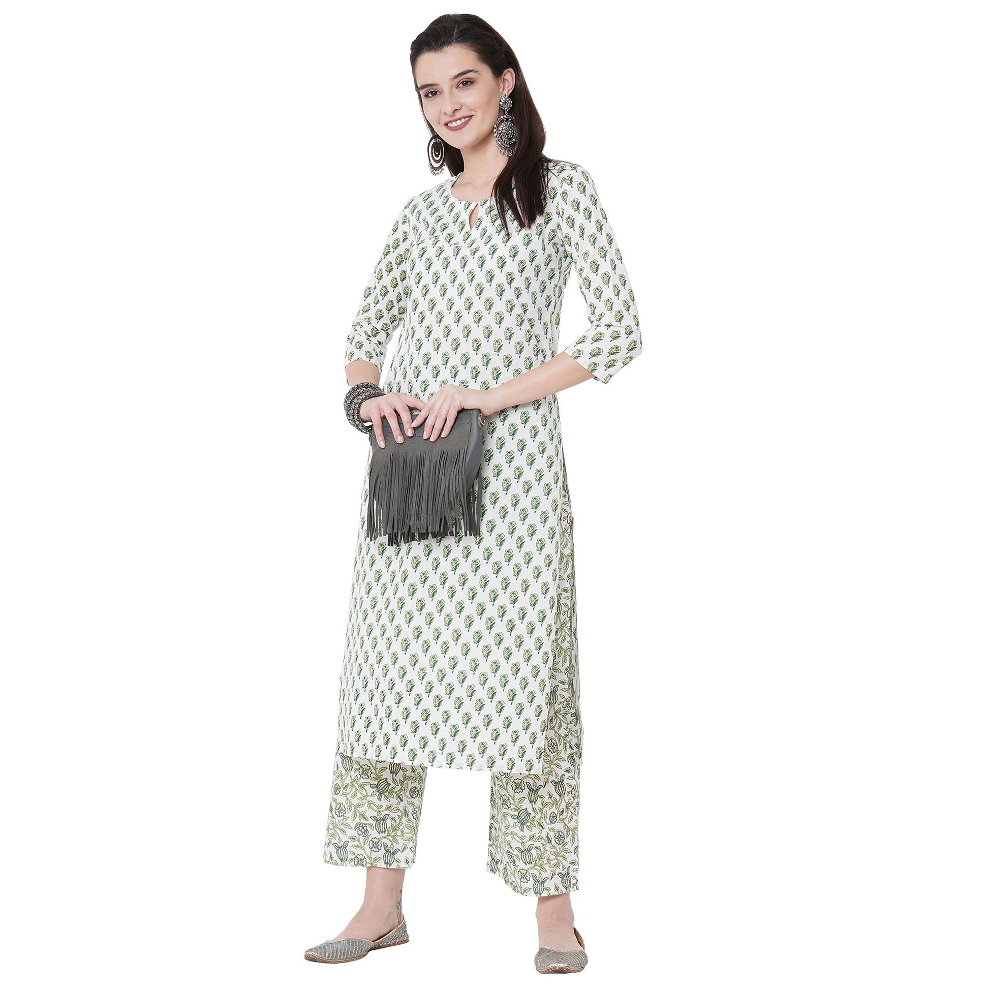 GoSriKi Women's Cotton Straight Kurta with Palazzo (EPSHA White)