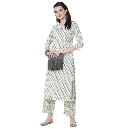 GoSriKi Women's Cotton Straight Kurta with Palazzo (EPSHA White)