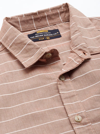The Indian Garage Co Men Orange Striped Slim Fit Cotton Casual Shirt