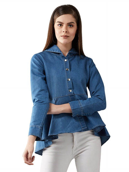 Dolce Crudo Womens Blue Round Neck Full Sleeve Denim Solid Buttoned Denim Hooded Top (DOSS19DEN03-23-115-02, Blue, XS)