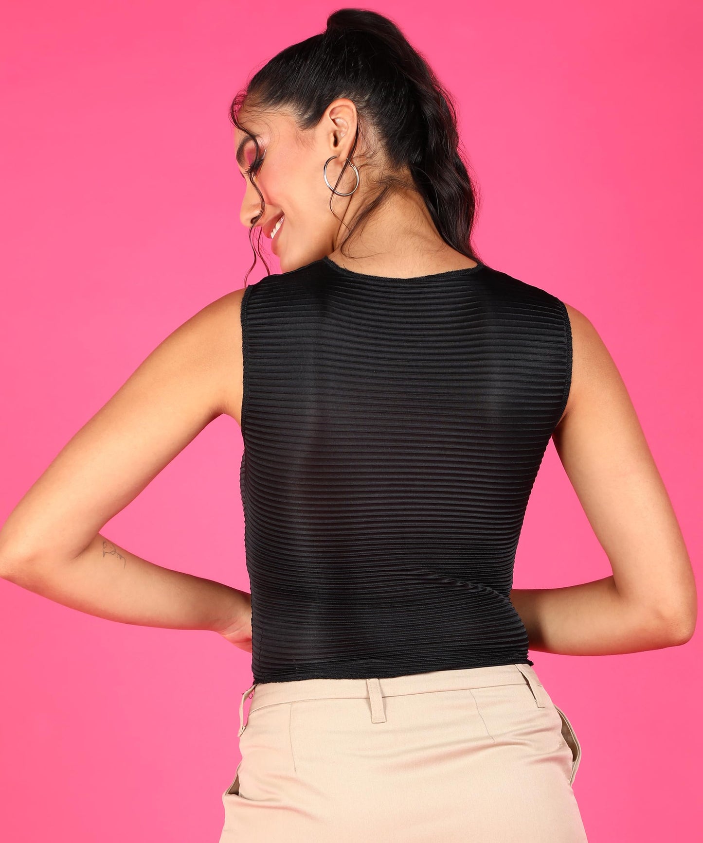 POPWINGS Casual Self-Design Wrinkle Round-Neck Sleeveless Crop Top for Women || Summer Wear Crop Tops for Women || Latest Stylis