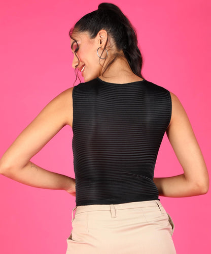 POPWINGS Casual Self-Design Wrinkle Round-Neck Sleeveless Crop Top for Women || Summer Wear Crop Tops for Women || Latest Stylis