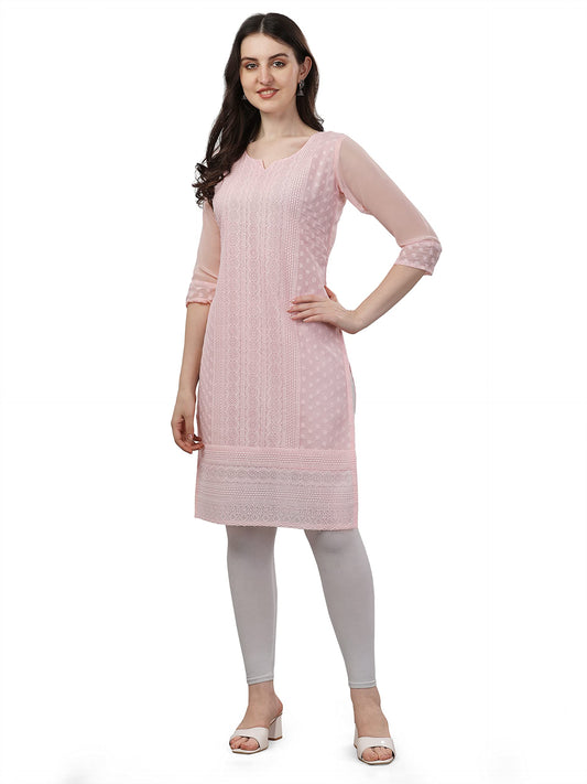 Fashion2Wear WomenS Georgette Chikankari Embroidered Notched Neck 3/4 Sleeve Knee Length Straight Kurta For Girls (Biba_Kurti_P