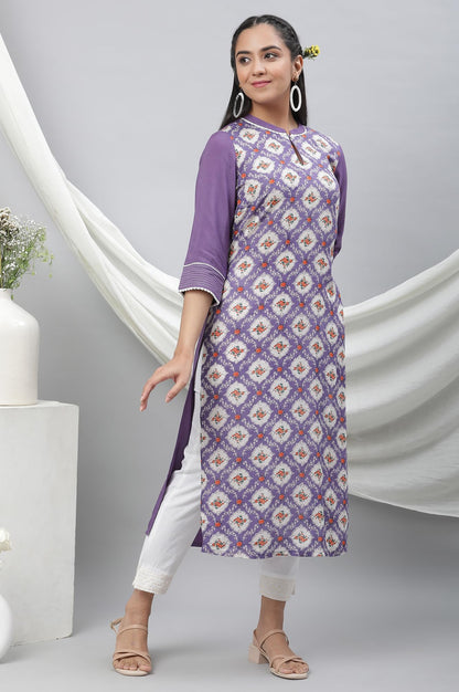 Aurelia Purple Floral Printed Printed Lace Straight Long Kurta