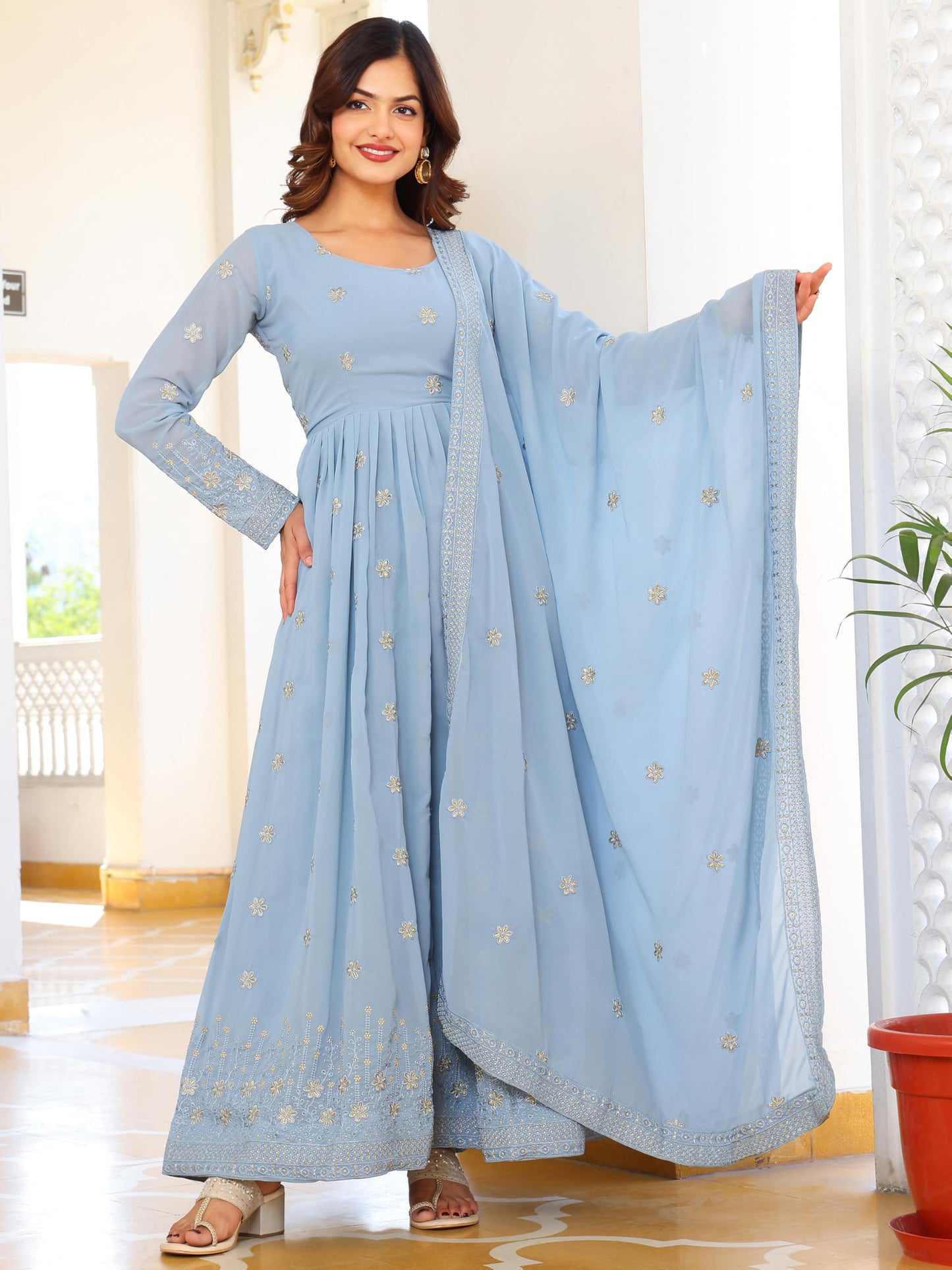 Fashion Basket Georgette Anarkali Kurta For Women Sky Blue