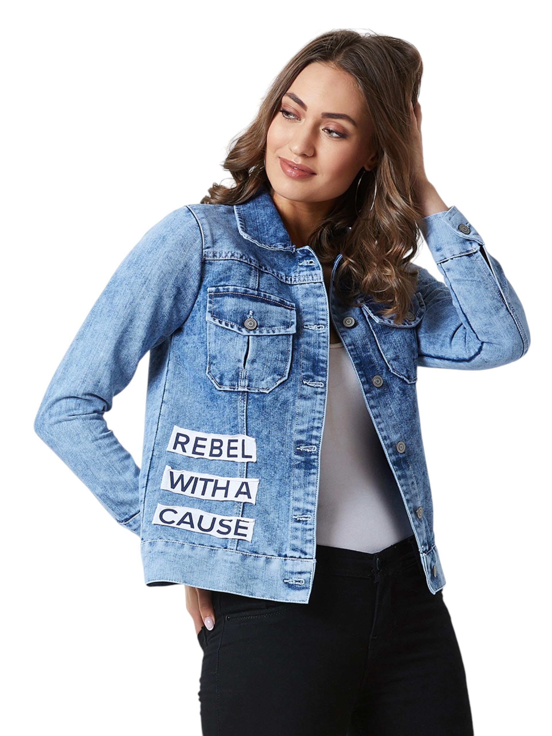 Miss Chase Womens Collared Solid Full Sleeve Denim Jacket (MCAW19DEN05-56-391-05, Hazy Blue, L)