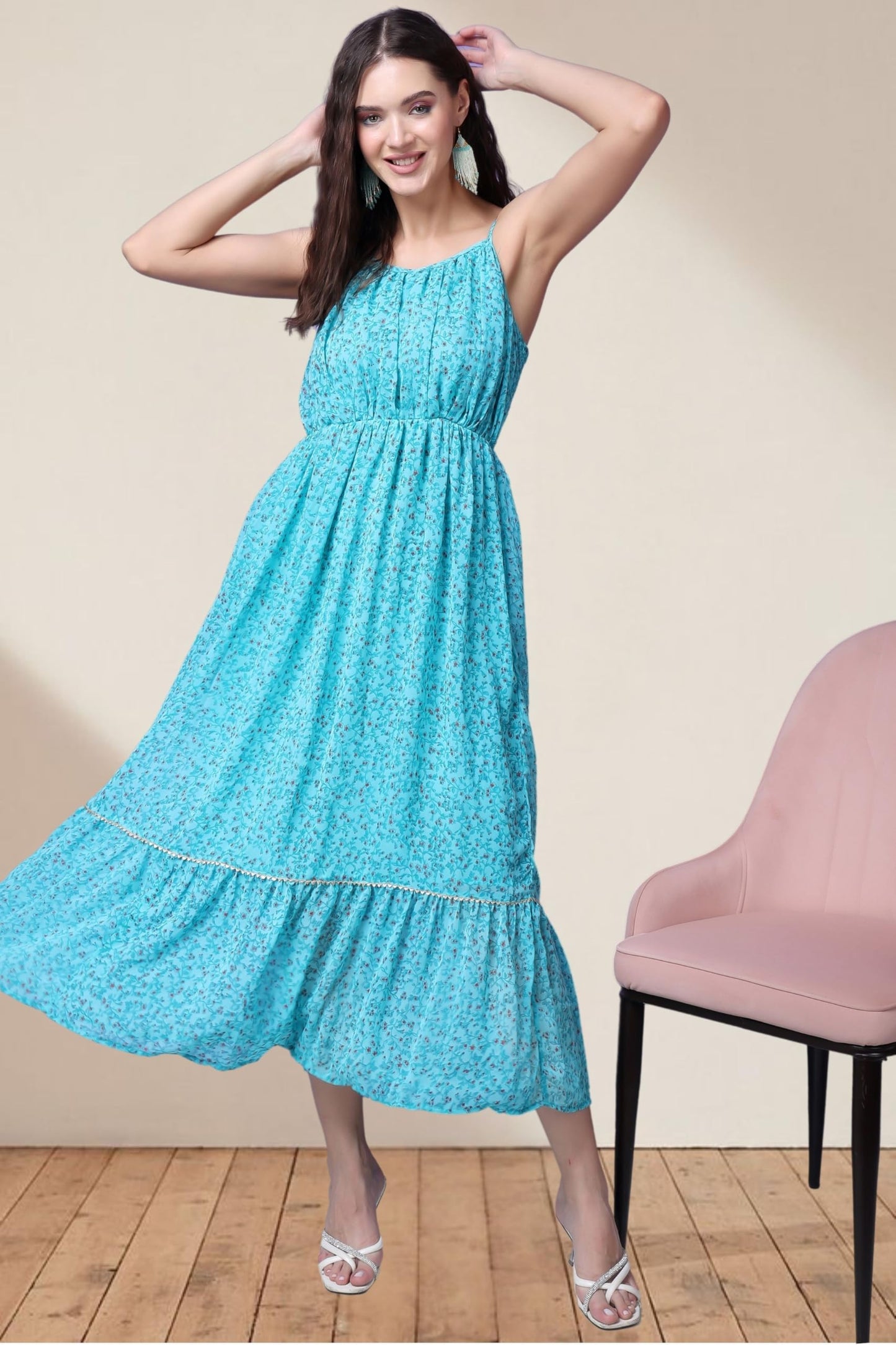 Popwings Casual Georgette Flare Maxi Dress For Women | Sleeveless Long Printed Stylish Dress Aqua Blue