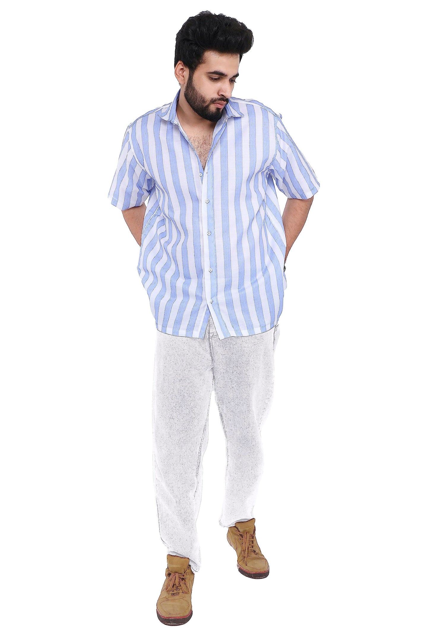 Brown Culture MenS Cotton Blend Striped Print Shirt With Spread Collared Half Sleeves Standard Length And Button Down Closure T