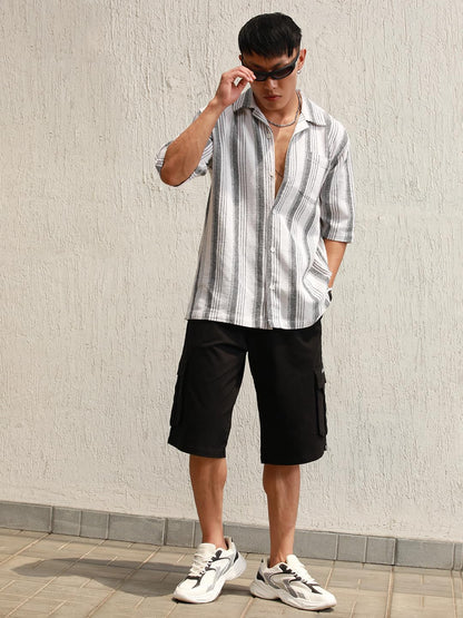 Hubberholme Multi Cotton Spread Collar Short Sleeves Striped Oversized Shirts