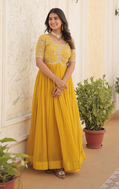 Fashion Basket Georgette Embroidered Anarkali Gown for Women Yellow