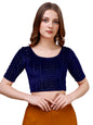 Pujia Mills WomenS Readymade Hosiery Velvet Lycra Stretchable Round Neck Half Sleeve Blouse With Jari Work Fancy Navy Blue Colo
