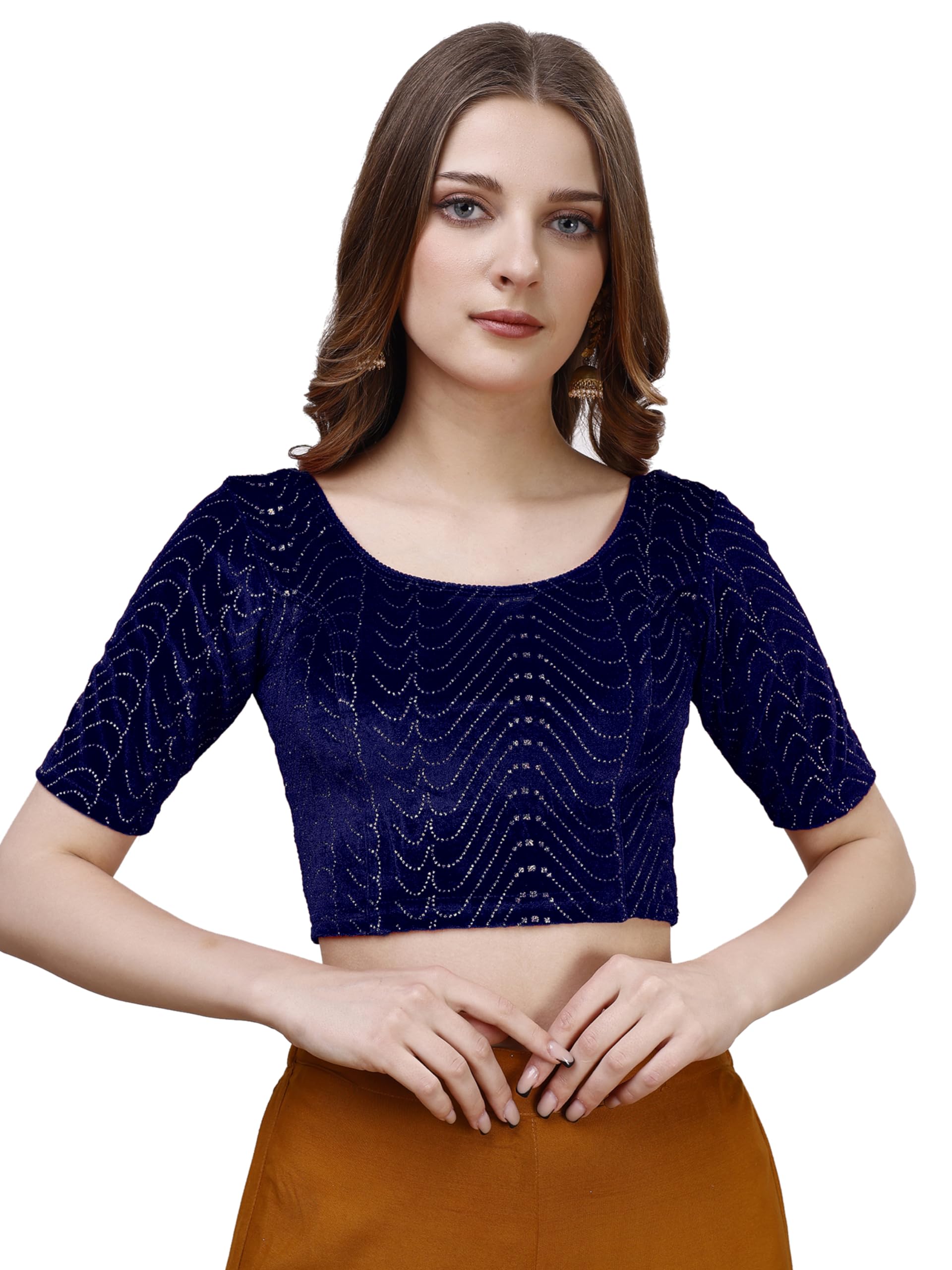 Vihu Fashion Womens Readymade Hosiery Velvet Lycra Stretchable Round Neck Half Sleeve Blouse with jari Work Fancy Navy Blue Col