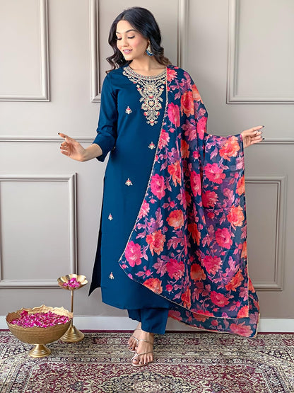 Naixa Womens Petrol Rayon Blend Embroidered and Printed Straight Kurta with Rayon Blend Pant and Organza Printed Dupatta Sets (