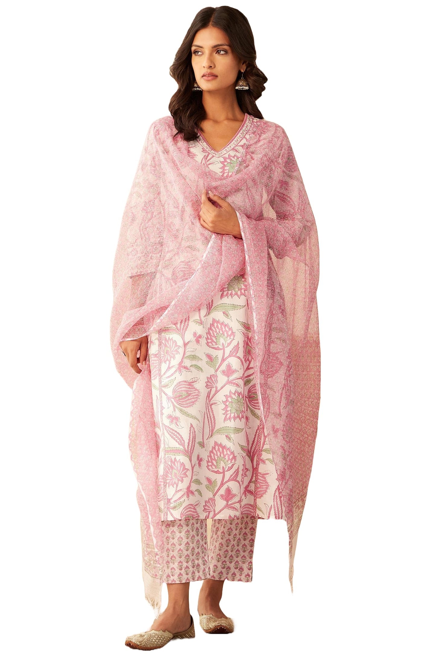 ANNI DESIGNER Ladies Cotton Blend Casual Cropped Cropped Trousers and Dupatta Kurta, peach, M
