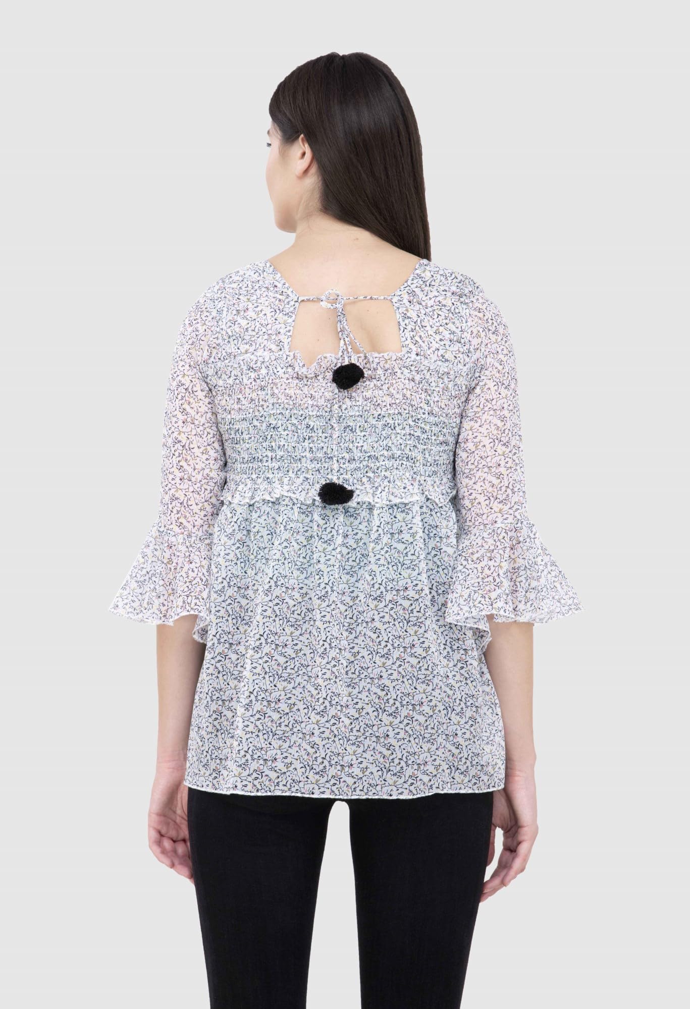 POPWINGS Printed Chiffon Peplum Tops for Women || 3/4th Sleeves Square Neck Women Tops for Summer || Stylish Western Smocking Wo