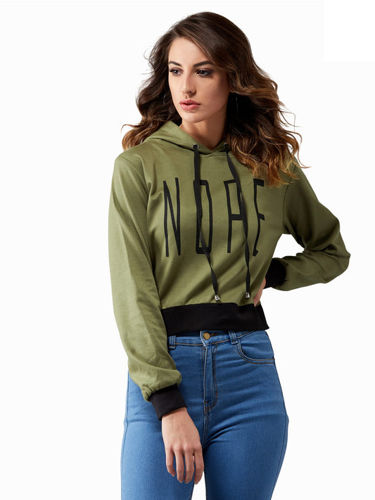 Dolce Crudo Womens Olive Green Round Neck Full Sleeves Cotton Solid Printed Regular Length Hooded Sweatshirt (DOAW19SWT01-99-18