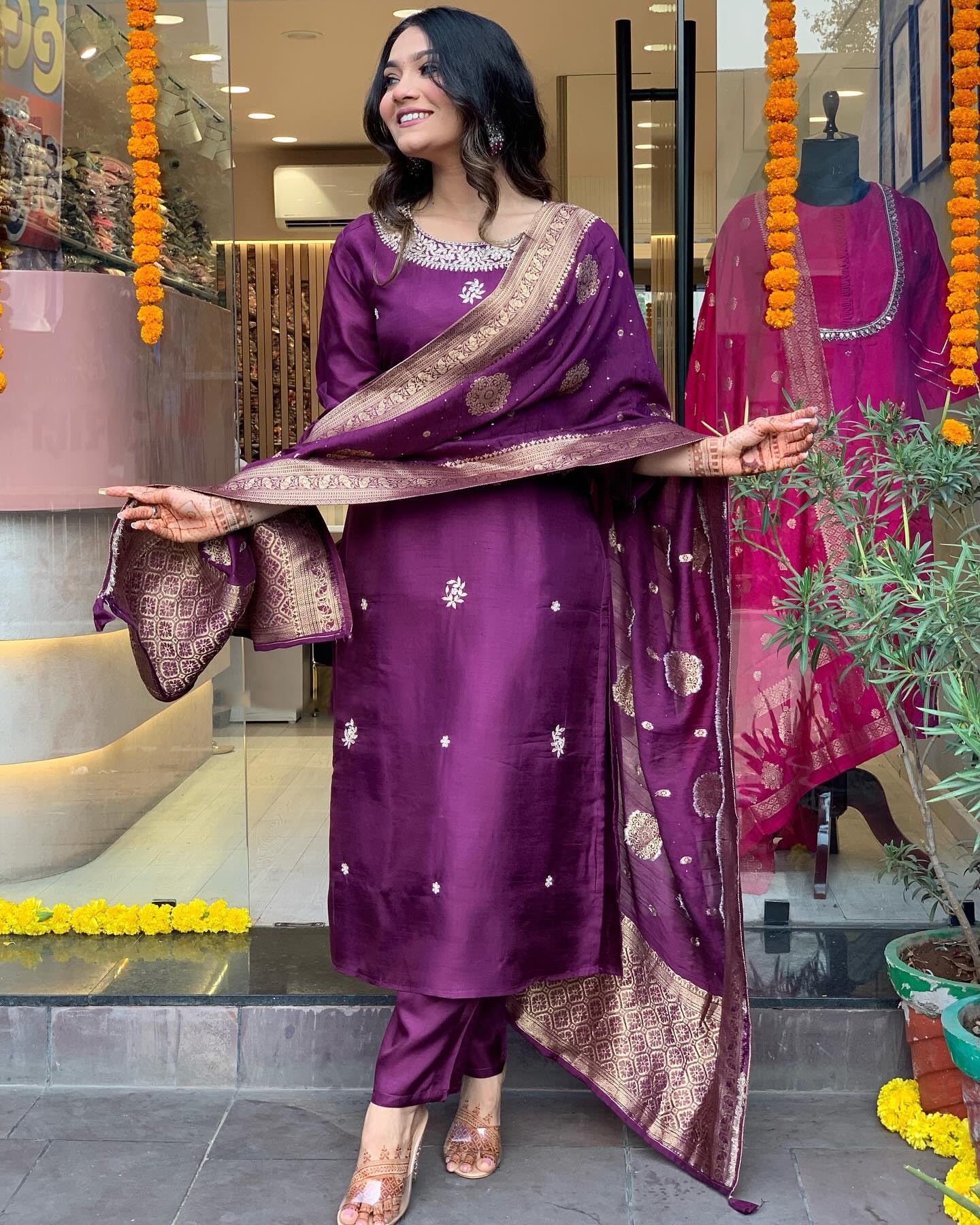 Gosriki WomenS Cotton Blend Straight Embroidered Kurta With Pant & Dupatta (Beyond Purple-Gs_4Xl_Purple_Xxxx-Large)