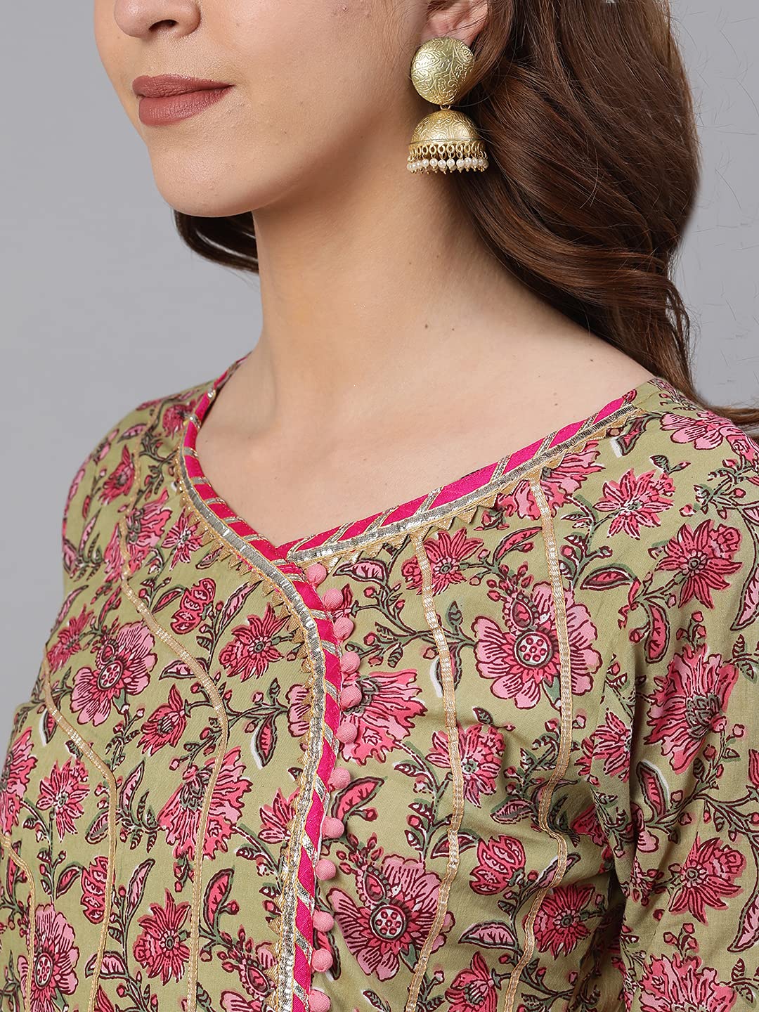 ishin Women's Pure Cotton Green Embroidered Anarkali Kurta suit set With Dupatta & Sharara