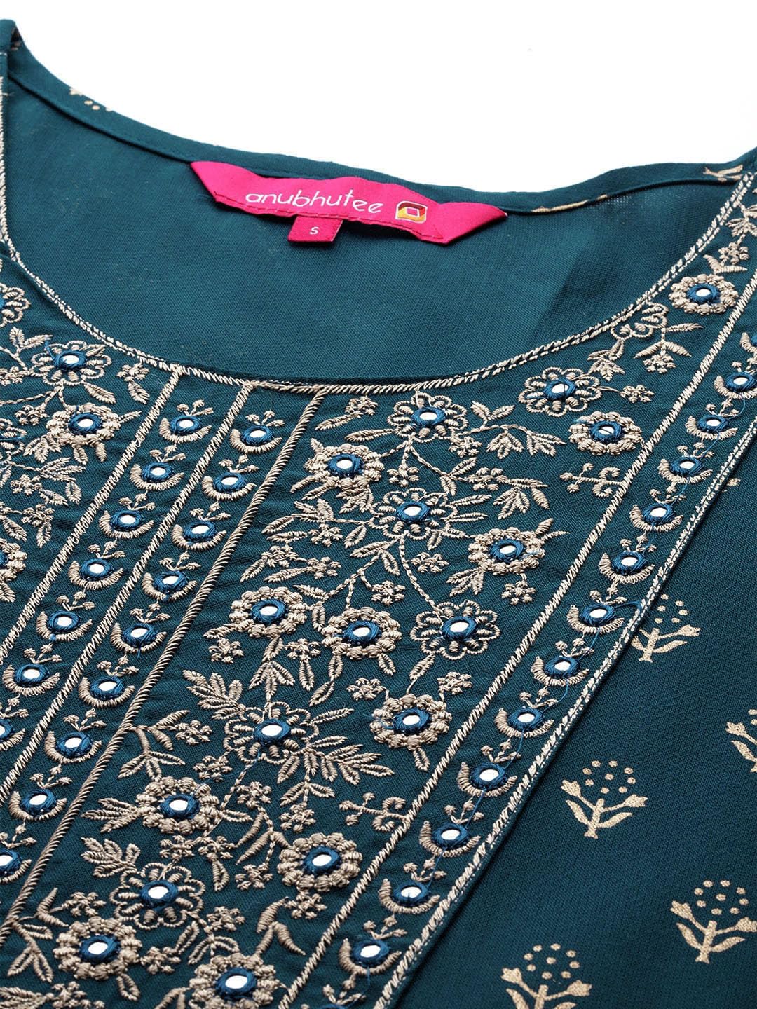 anubhutee Women's Viscose Rayon Ethnic Motifs Embroidered Teal Mirror Work A-Line Kurta