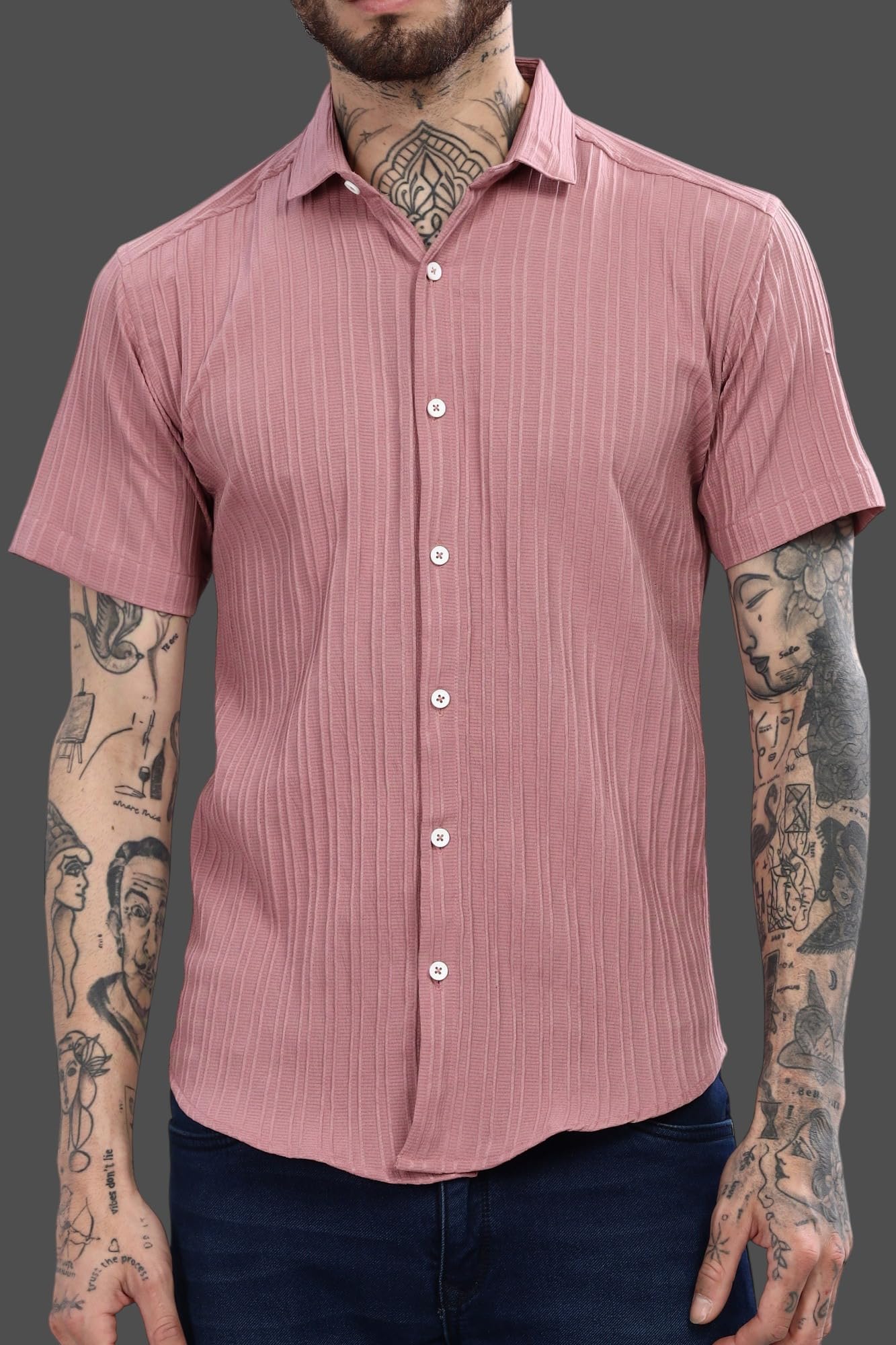 Mildin MenS Cotton Blend Shirt With Self Design Textured Stripes Spread Collar Neck Half Sleeve Western Hip Length | Dusty Pink