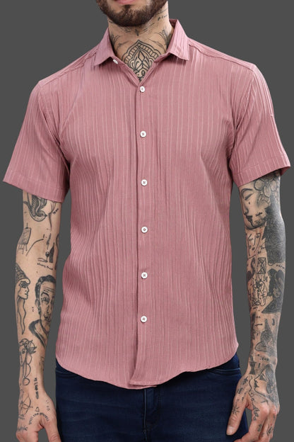 Mildin MenS Cotton Blend Shirt With Self Design Textured Stripes Spread Collar Neck Half Sleeve Western Hip Length | Dusty Pink