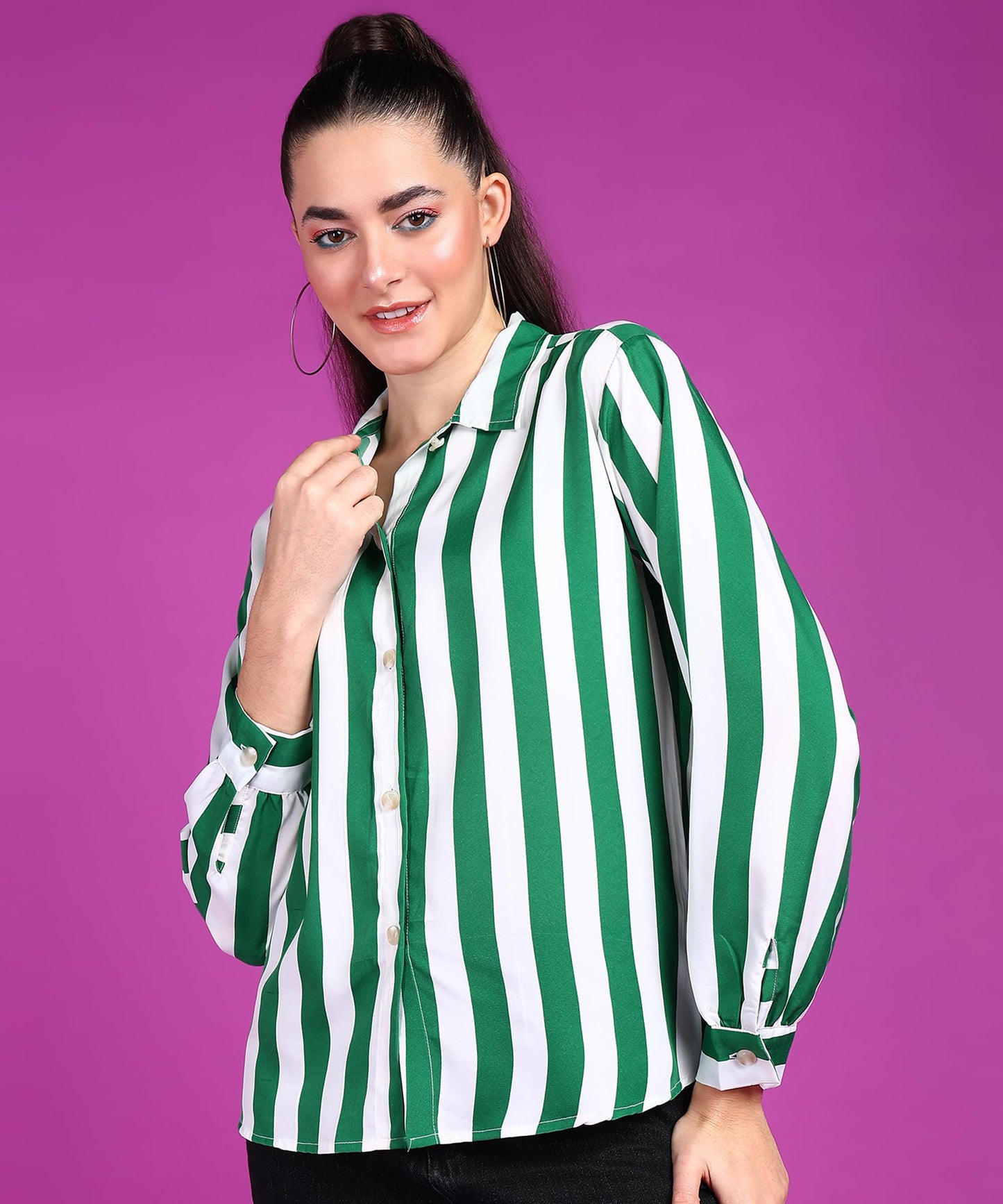 POPWINGS Stripe Printed Crepe Shirt for Women Stylish Western Casual Regular Fit Full Sleeves Shirts for Women Shirt