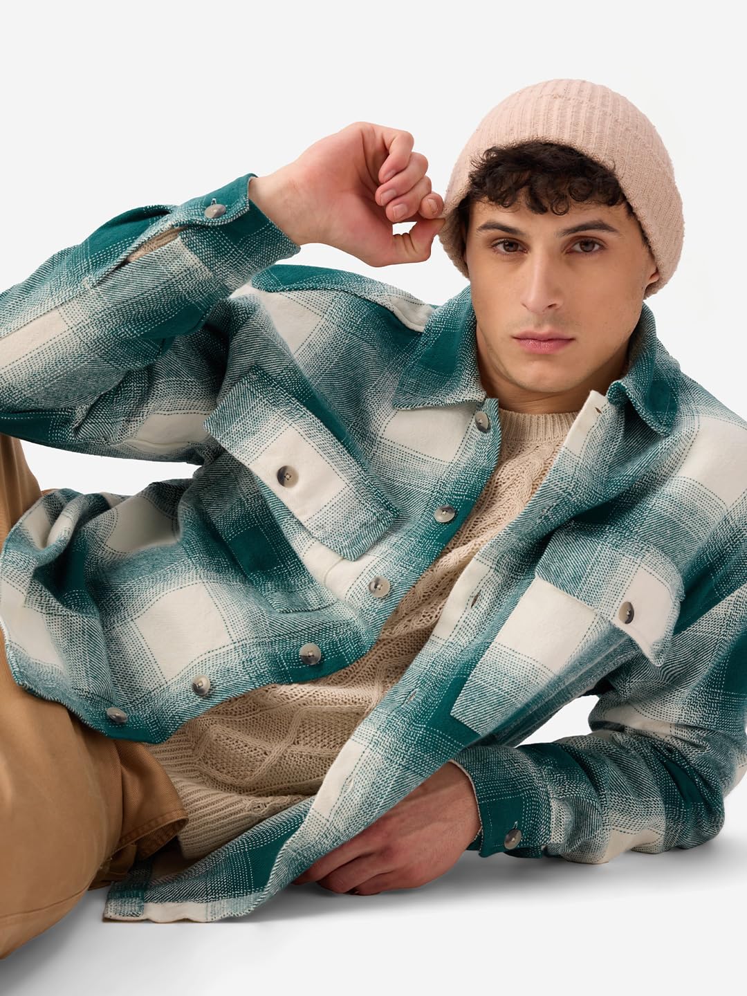 The Souled Store Plaid : Light Emerald and White Men and Boys Long Sleeve Collared Neck Button Front Cotton Oversized Fit Flanne