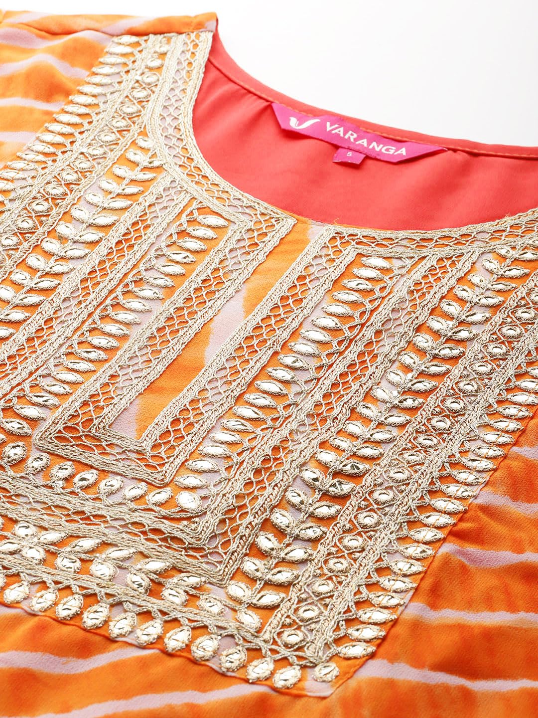 Varanga Womens Orange Leheriya Zari Embroidered Kurta Set With Dupatta