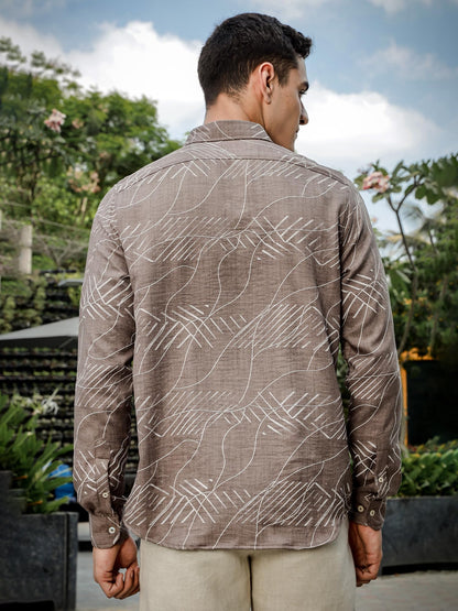 Thomas Scott Premium Embroideried Long Sleeve Casual Shirt for Men Brown