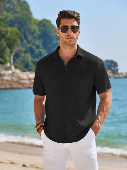 CB-COLEBROOK Mens Waffle Knit Textured Button-Down Wrinkle Free Casual Shirts, Short Sleeves, Summer Beach Tops (in, Alpha, XL,
