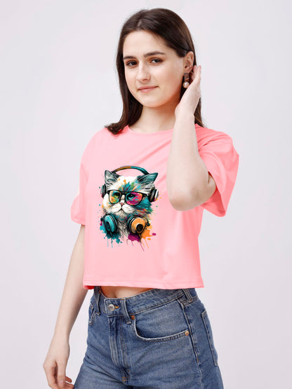 ELLITI Soft Rich Cotton Casual Cat Face Printed Peach Half Sleeve | Round Neck | Oversized/Loose Fit | Down Solder | Rainbow Col