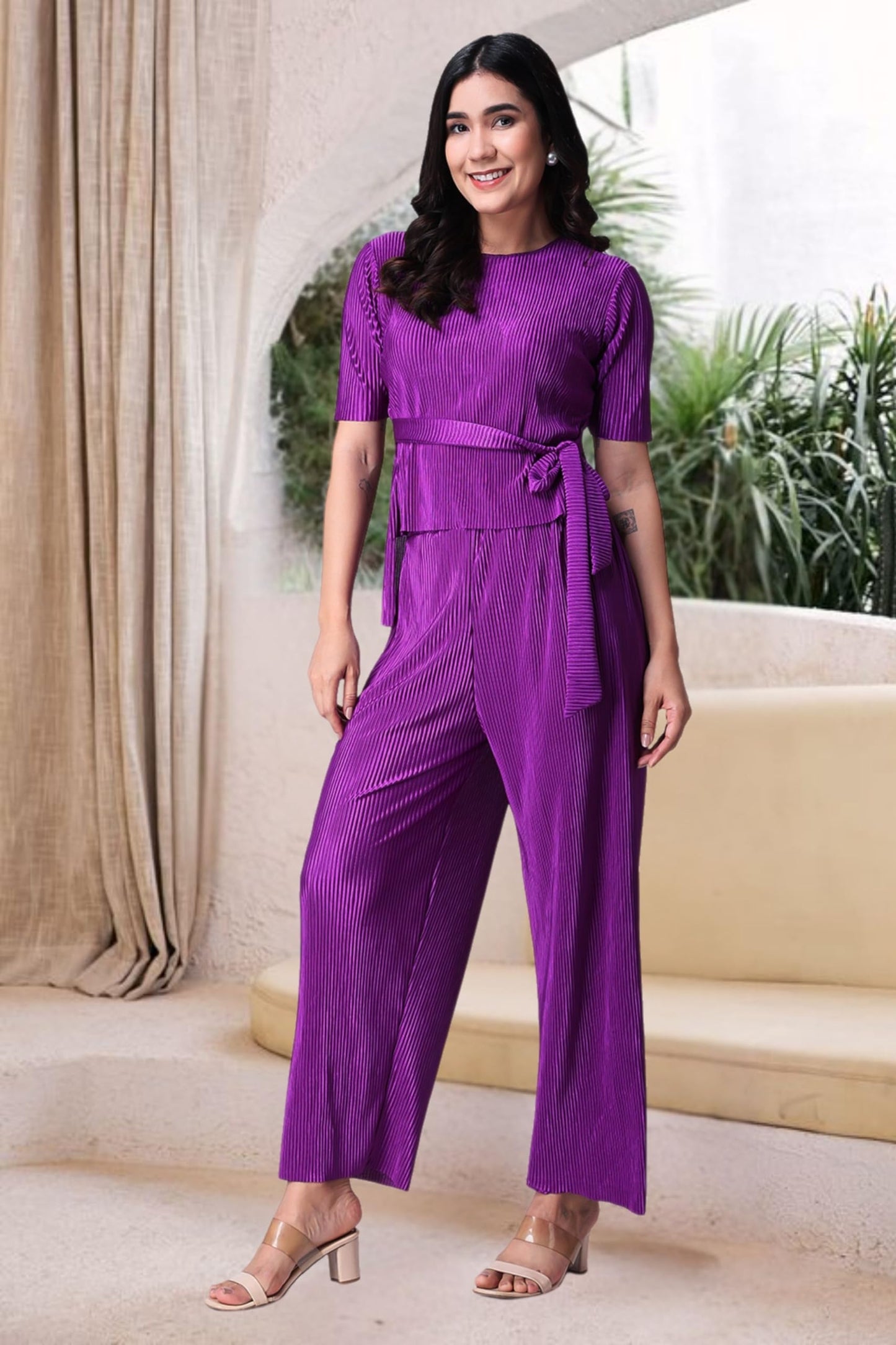 POPWINGS Casual Solid Wrinkle Co-ord Set for Women Stylish Western Co-Ord Set for Women | Co-ord Set for Summer | Top and Palazz