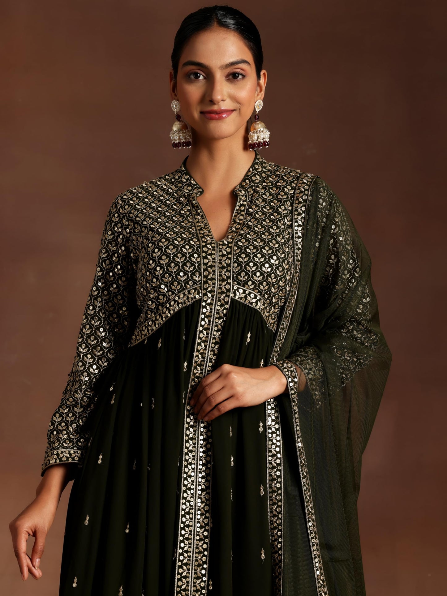 Libas Womens Embroidered Georgette A-Line Kurta With Trousers And Dupatta