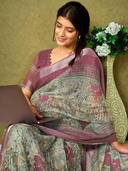 Satrani Womens Linen Printed & Zari Border Ready To Wear One Minute Pre Pleated Readymade Saree with Unstitched Blouse Piece (3