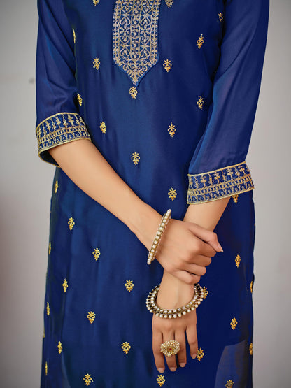 ishin Women'S Ethnic Blue Embroidered Motifs Art Silk Kurta Set With Dupatta