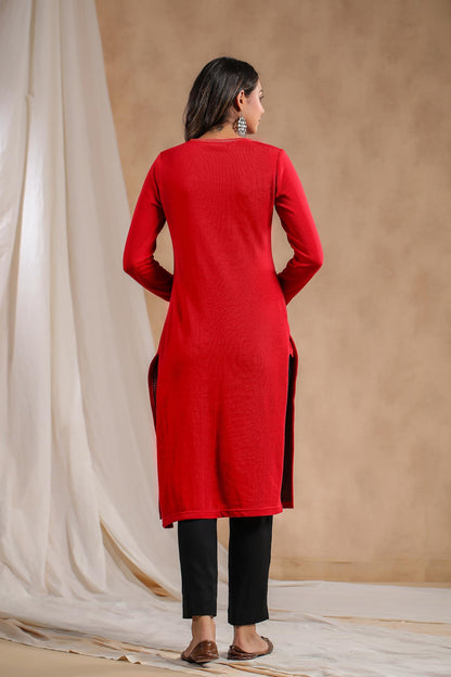 ishin Women's Red Jacquard Style Ethnic Motifs Straight Winterwear Kurta