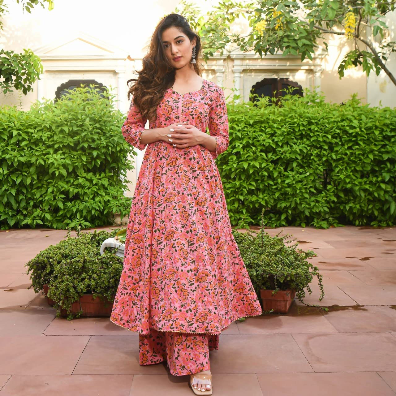 GoSriKi Women's Cotton Blend Printed Anarkali Kurta with Palazzo (Sunday-GO)