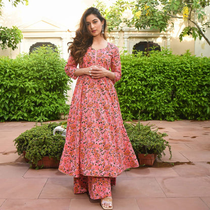 GoSriKi Women's Cotton Blend Printed Anarkali Kurta with Palazzo (Sunday-GO)
