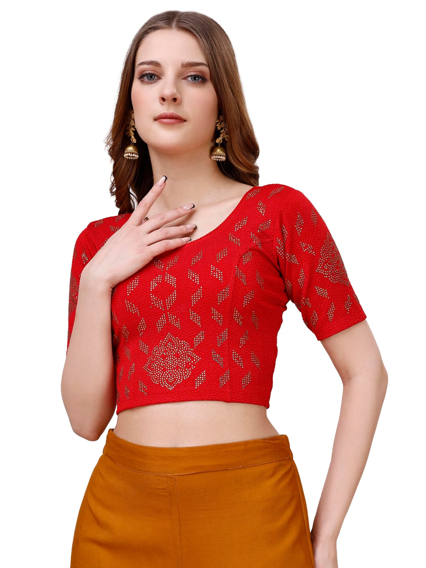 Vihu Fashion Womens Readymade Hosiery Lycra Stretchable Round Neck Half Sleeve Blouse with swaroski Work Fancy Lycra Stretchabl