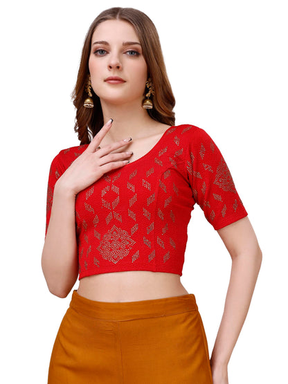Vihu Fashion Womens Readymade Hosiery Lycra Stretchable Round Neck Half Sleeve Blouse with swaroski Work Fancy Lycra Stretchabl