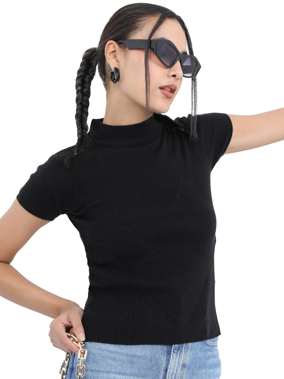 Ketch Womens Half Sleeve Slim Fit Sweater Khsw000019 Black L