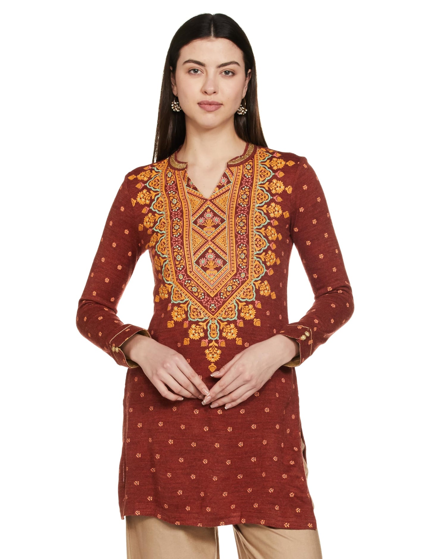 Aurelia Women Cinnabar Acrylic Floral Printed Straight Kurti