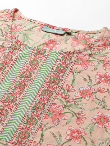 idaLia Cotton Kurta Set with Dupatta for Women - Printed Straight Kurta & Palazzo Pant, 3/4 Sleeve, Round Neck, Calf Length