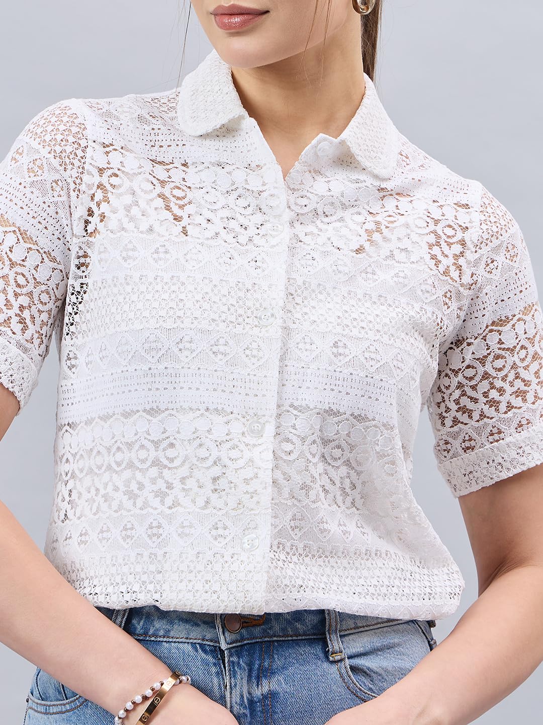 Style Quotient Women White Lace Smart Casual Shirt