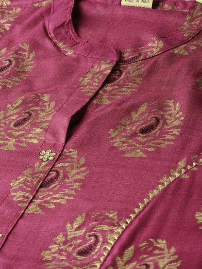 ishin Women's Pure Cotton Purple Printed & Gotta Patti A-Line Kurta suit set with Pant