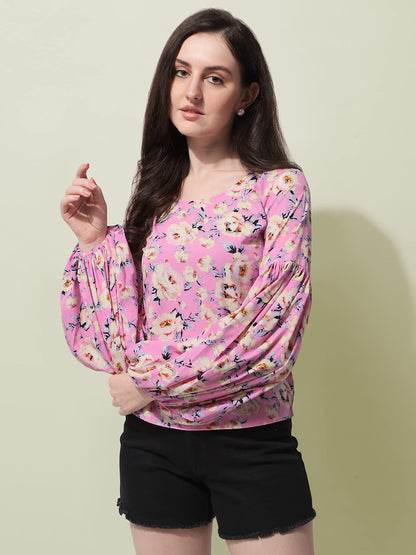 Pink Floral Print Blouson Top in Crepe Fabric with Round Neck and Full Sleeve