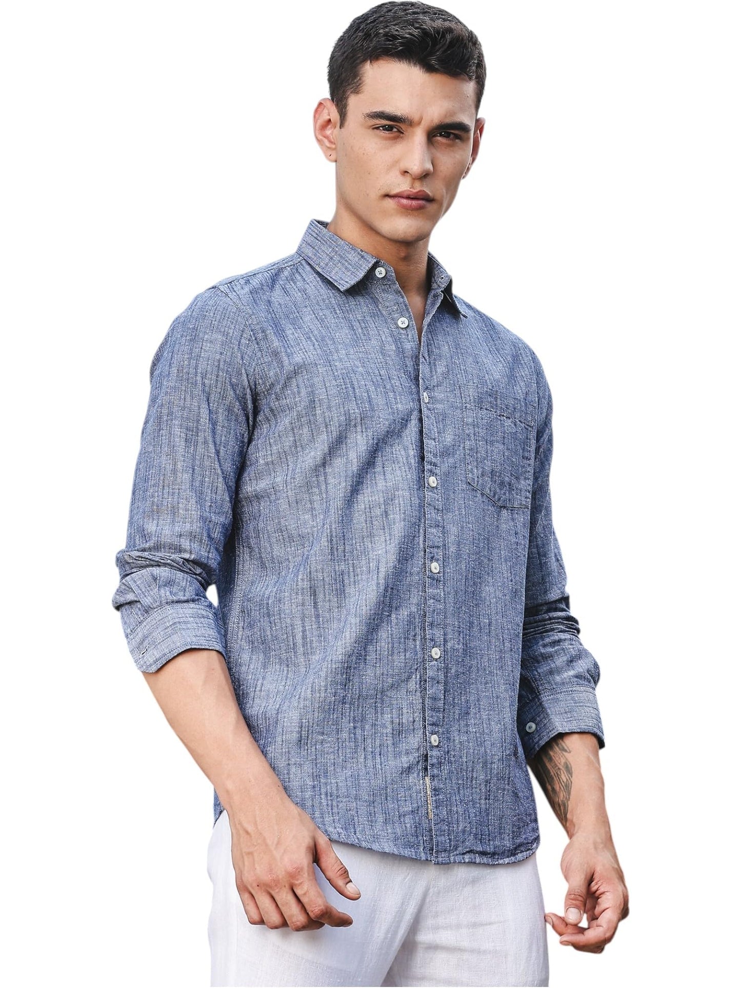 Thomas Scott Mens | Solid | Premium Linen Blend | Spread Collar | Summer Wear | Long Sleeve | Shirts for Men Blue