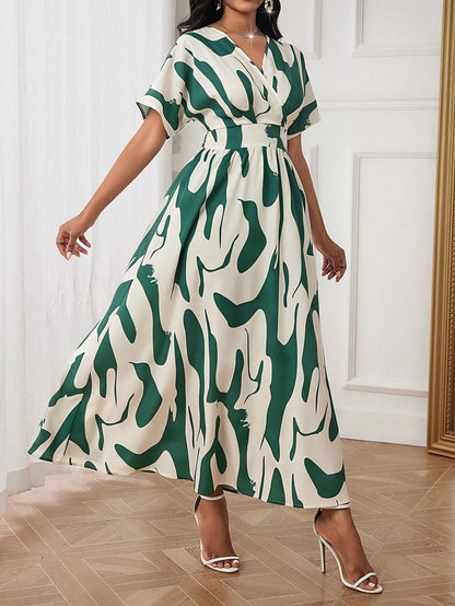 Shasmi WomenS & GirlS White Green V-Neck Printed Dress With Ruffled Hem And Belted Waist For Vacation, One Piece Maxi For Wome